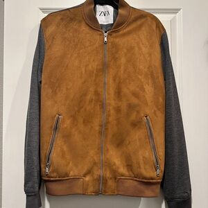 Zara Men's Tan and Gray Bomber Jacket